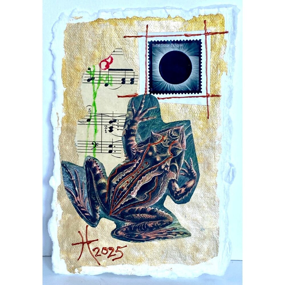 Croakin 2 Original Frog Collage Painting Wall Art Matted 8x10in Frame Ready